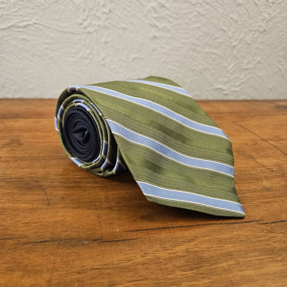 Tommy‎ Hilfiger Men's Tie Green Blue White Striped 100% Silk Made In USA